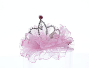 DOE A DEAR- CROWN POLKA DOT BOW W/ TULLE & PINK RHINESTONE CLIP