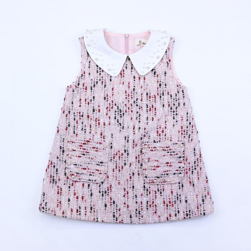 DOE A DEAR- MATILDA SLEEVELESS TWEED PEARL DRESS IN PINK