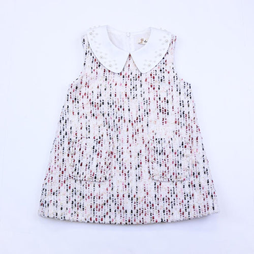 DOE A DEAR- MATILDA SLEEVELESS TWEED PEARL DRESS IN WHITE