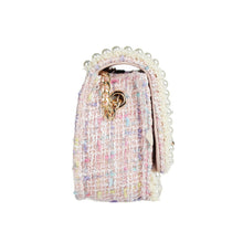 DOE A DEAR- PINK TWEED LADY, FLOWERS, AND PEARLS PURSE IN SMALL