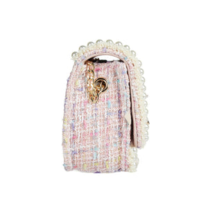 DOE A DEAR- PINK TWEED LADY, FLOWERS, AND PEARLS PURSE IN SMALL