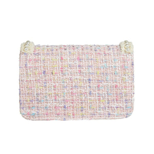 DOE A DEAR- PINK TWEED LADY, FLOWERS, AND PEARLS PURSE IN SMALL
