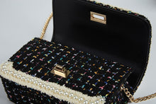 DOE A DEAR- BLACK TWEED LADY, FLOWERS, AND PEARLS PURSE IN LARGE
