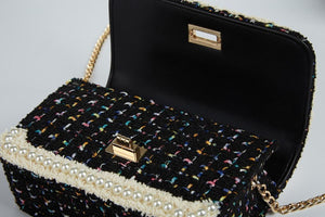DOE A DEAR- BLACK TWEED LADY, FLOWERS, AND PEARLS PURSE IN LARGE