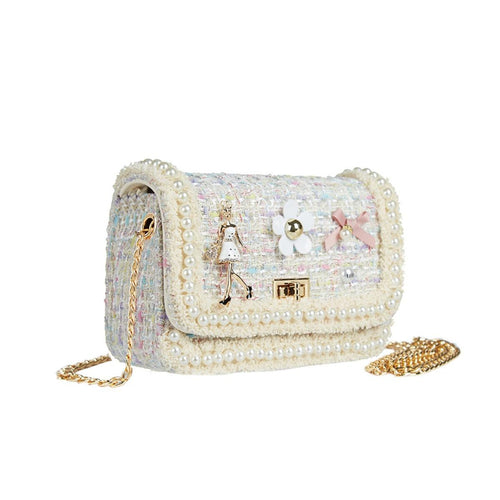 DOE A DEAR- WHITE TWEED LADY, FLOWERS, AND PEARLS PURSE IN LARGE