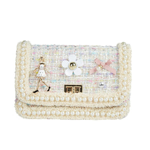 DOE A DEAR- WHITE TWEED LADY, FLOWERS, AND PEARLS PURSE IN LARGE