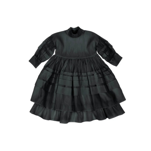 OMAMIMINI- BLACK LONG SLEEVE PLEATED ORGANZA TULLE DRESS
