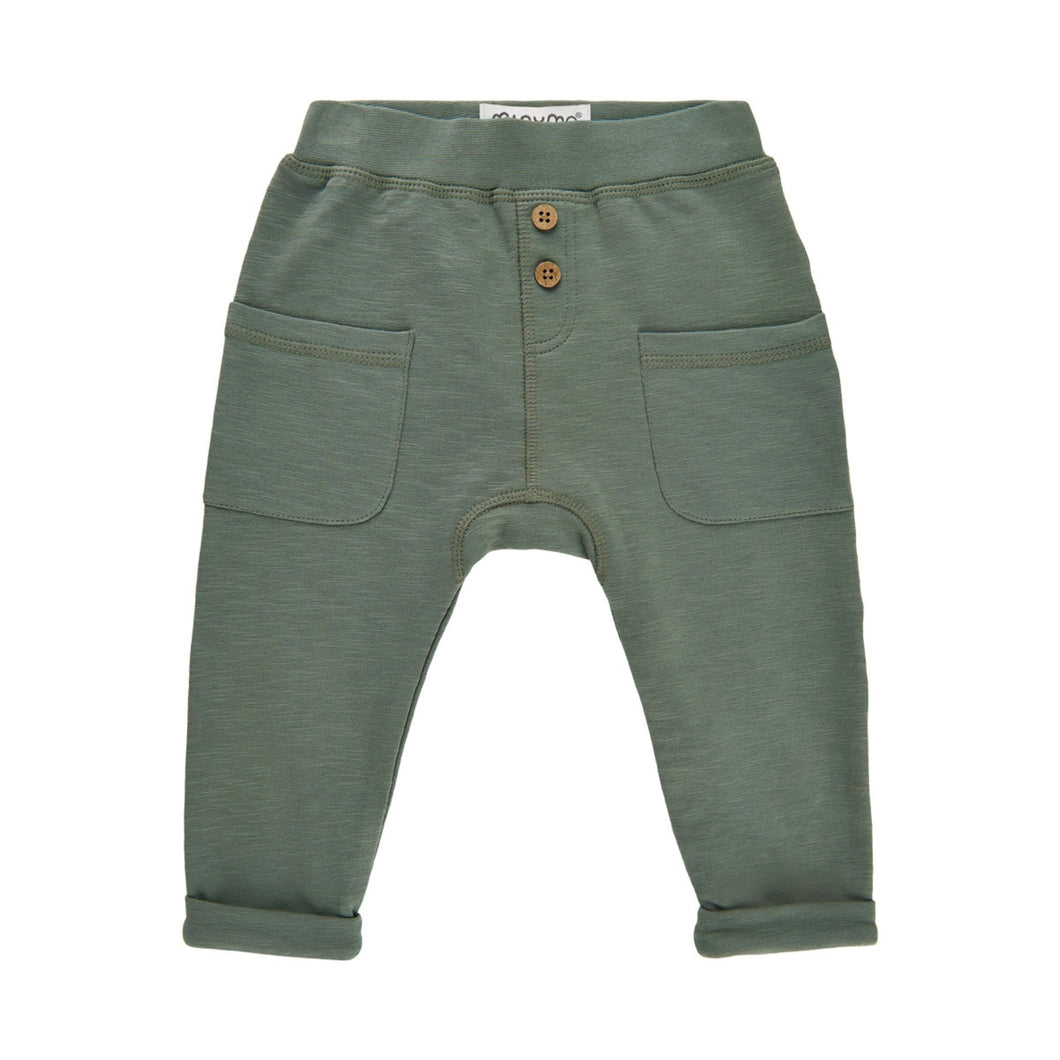 MINYMO- BABY AGAVE GREEN SWEATPANTS WITH WOOD BUTTONS