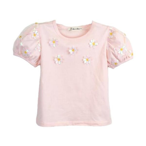 DOE A DEAR- SNOW PINK DAISY SEQUIN FLORAL MESH TOP