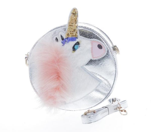 DOE A DEAR- SILVER ROUND SHAPED UNICORN PURSE W, FUR AND GLITTER DETAILING.
