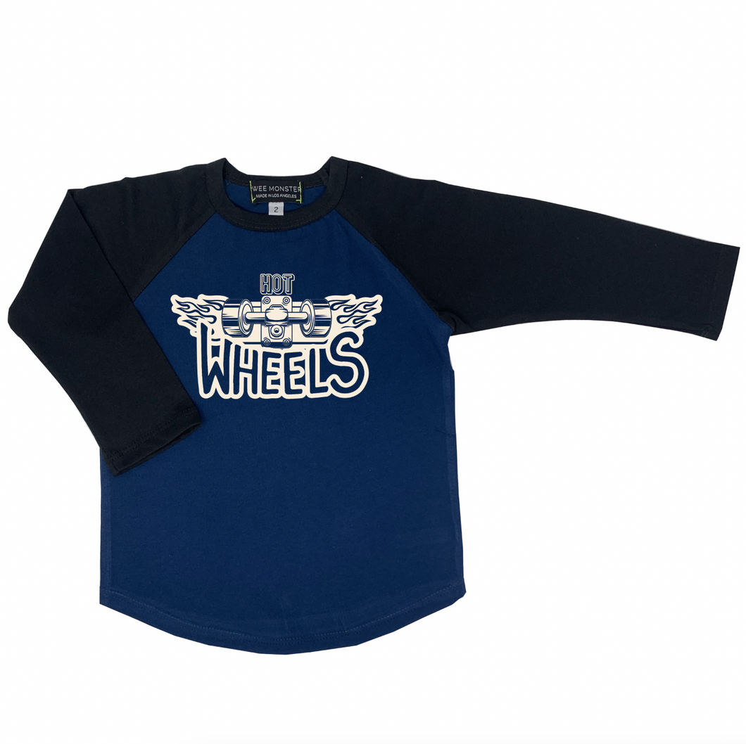 WEE MONSTER- HOT WHEELS BLUE RAGLAN TEE