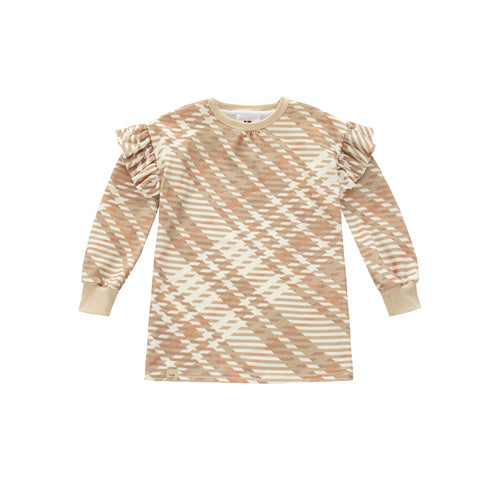 OMAMIMINI- PLAID RUFFLE TERRY DRESS IN BEIGE