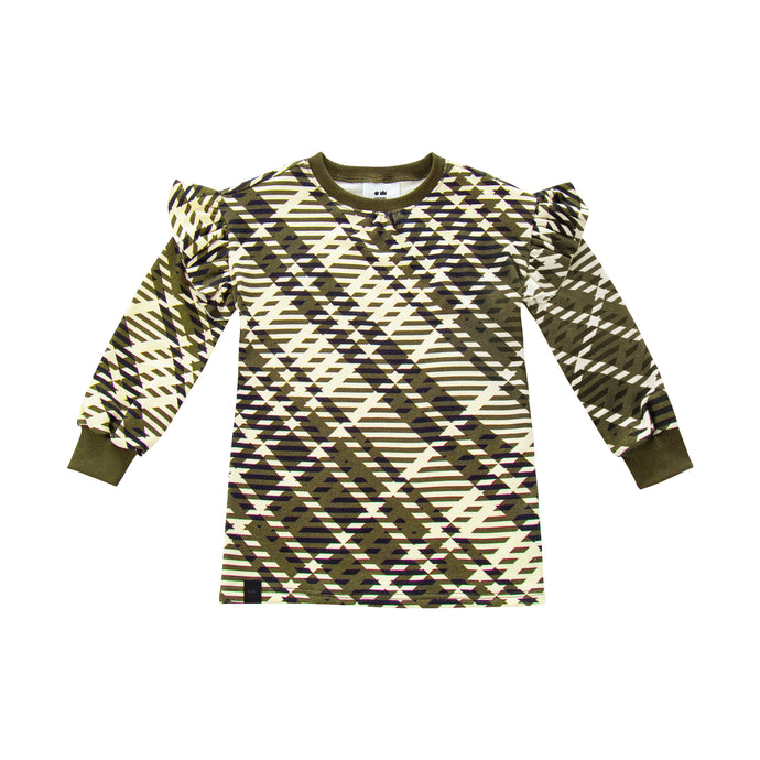 OMAMIMINI- PLAID RUFFLE TERRY DRESS IN OLIVE