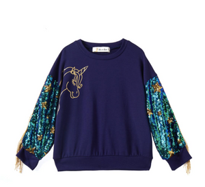 DOE A DEAR- NAVY UNICORN FRINGE SWEATER
