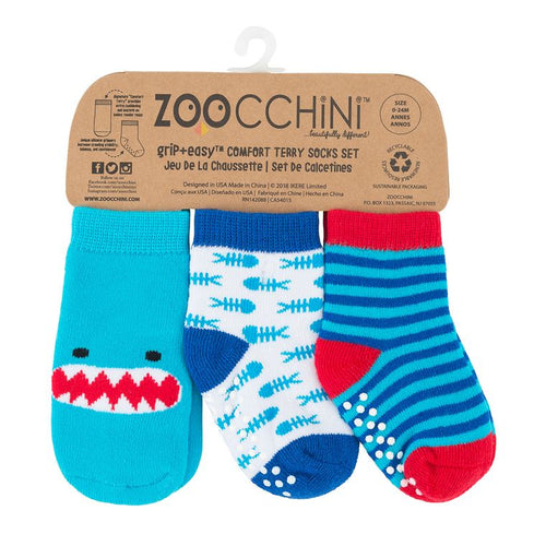 ZOOCCHINI- 3-PAIR COMFORT TERRY SOCKS SHERMAN THE SHARK 0-24M