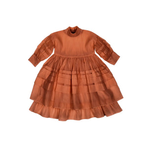 OMAMIMINI- RUST LONG SLEEVE PLEATED ORGANZA TULLE DRESS