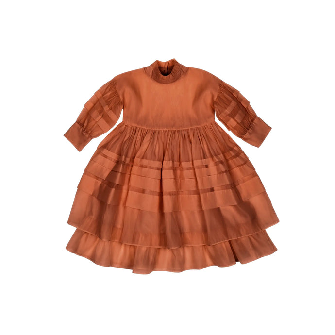OMAMIMINI- RUST LONG SLEEVE PLEATED ORGANZA TULLE DRESS