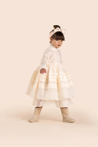 OMAMIMINI- OFF-WHITE LONG SLEEVE PLEATED ORGANZA TULLE DRESS