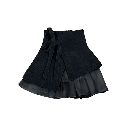 OMAMIMINI- BLACK CORDUROY ORGANZA WRAP SKIRT