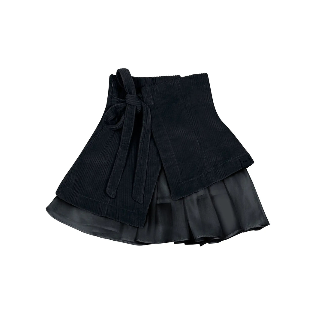 OMAMIMINI- BLACK CORDUROY ORGANZA WRAP SKIRT