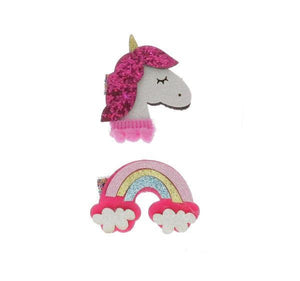 DOE A DEAR- FUSCHIA GLITTER UNICORN & RAINBOW CLIP SET