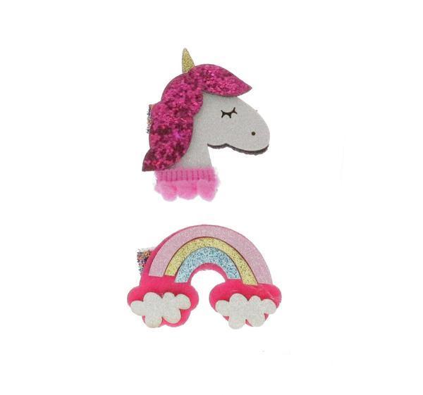 DOE A DEAR- FUSCHIA GLITTER UNICORN & RAINBOW CLIP SET
