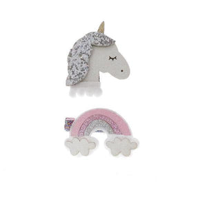 DOE A DEAR- SILVER GLITTER UNICORN & RAINBOW CLIP SET