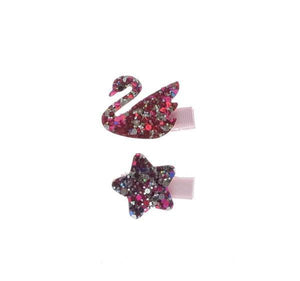 DOE A DEAR- FUSCHIA & GOLD GLITTER STAR & SWAN HAIR CLIP SET