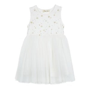 DOE A DEAR- GLITTER GOLD STAR TULLE DRESS IN WHITE