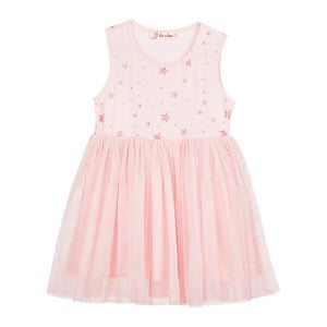 DOE A DEAR- GLITTER GOLD STAR TULLE DRESS IN PINK