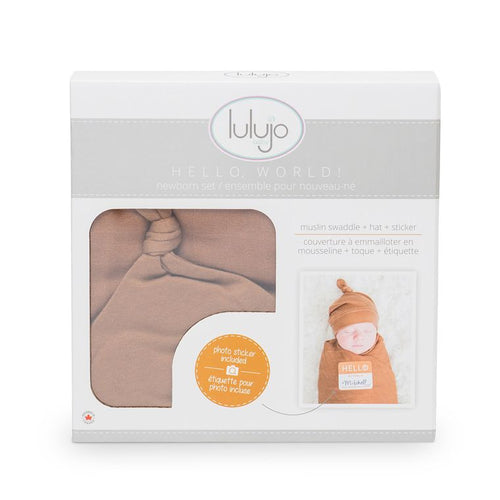 LULUJO- HELLO WORLD BLANKET & KNOTTED HAT IN TAN
